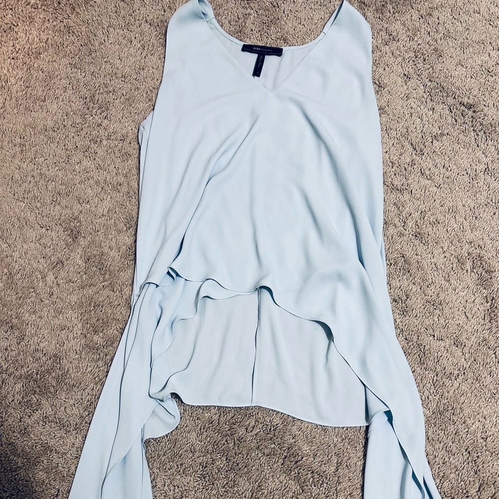BCBGMaxAzria Soft Blue V-Neck Top with beautiful detail on the sides